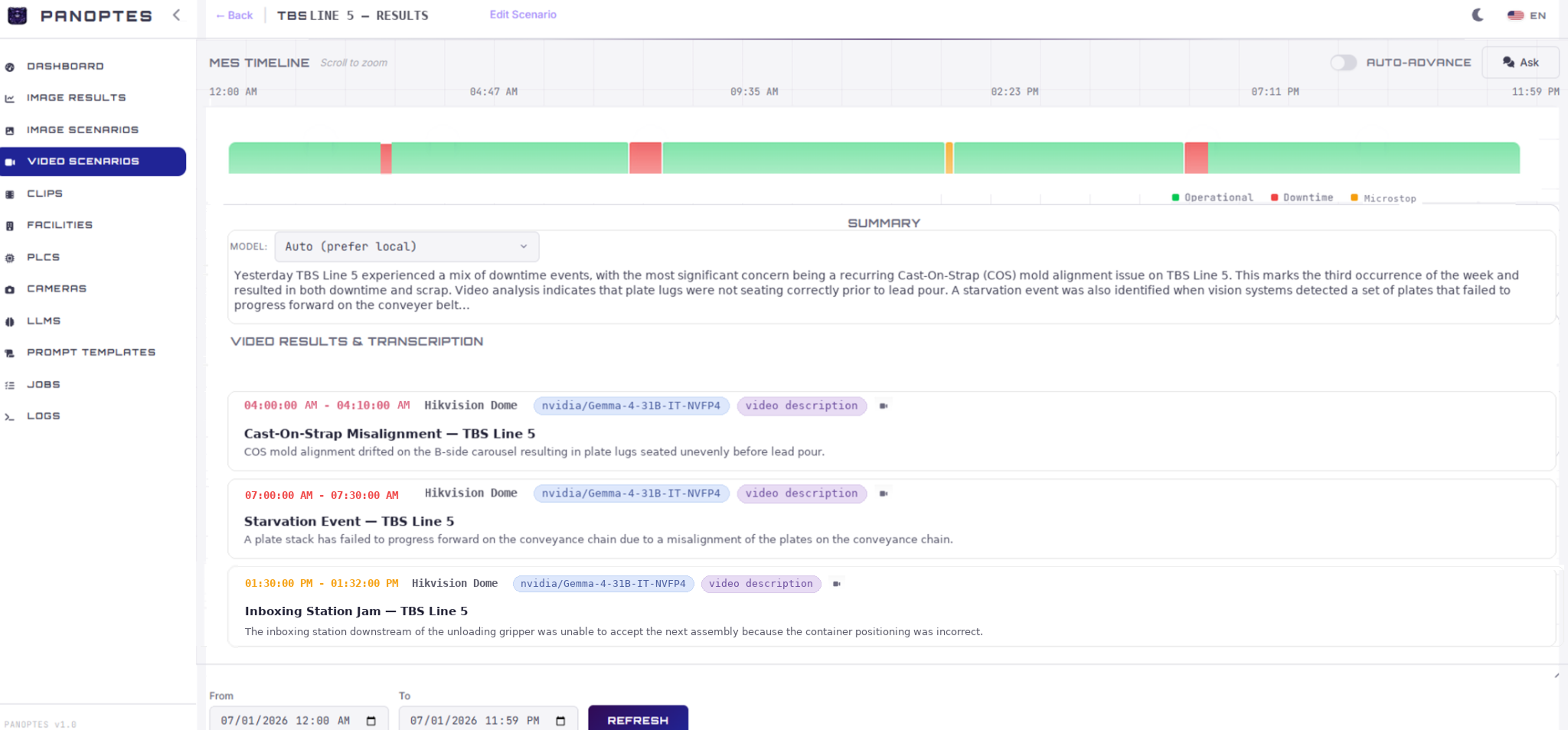 Panoptes application showing video description results and AI-powered production analysis